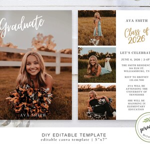 May include: A graduation announcement template with a photo of a smiling woman holding a bouquet. The announcement includes the text "Graduate," "Class of 2026," and event details. The template is 5"x7".