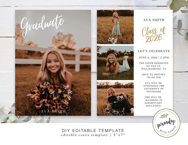 May include: A graduation announcement template with a photo of a smiling woman holding a bouquet. The announcement includes the text "Graduate," "Class of 2026," and event details. The template is 5"x7".