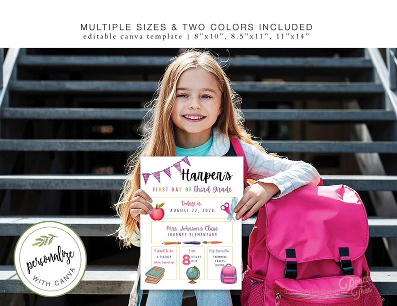 K&ouml;nnte beinhalten: Ein druckbares Schild f&uuml;r den ersten Schultag eines Drittkl&auml;sslers. Das Schild ist rosa und lila mit einem Aquarelldesign. Es enth&auml;lt den Text "Harper's First Day of Third Grade" und "Today is August 22, 2024".