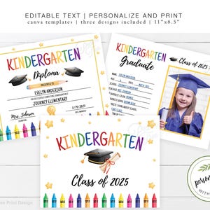 May include: Three colorful kindergarten graduation templates. The designs include a diploma, a graduate profile with a photo, and a certificate. Each design features a graduation cap, crayons, and star accents. The text includes "Kindergarten" and "Class of 2025".
