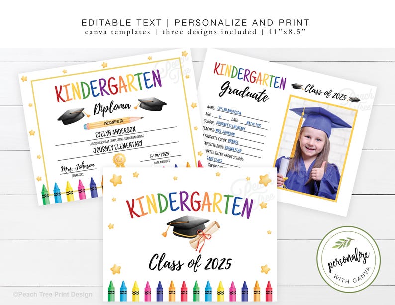May include: Three colorful kindergarten graduation templates. The designs include a diploma, a graduate profile with a photo, and a certificate. Each design features a graduation cap, crayons, and star accents. The text includes "Kindergarten" and "Class of 2025".