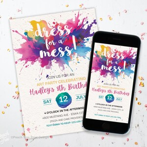 Puede incluir: Una invitaci&oacute;n colorida para una fiesta de arte celebrando el octavo cumplea&ntilde;os de Hadley. La invitaci&oacute;n presenta un dise&ntilde;o de acuarela con el texto "Dress for a Mess!" y detalles sobre la fiesta, incluyendo la fecha, la hora y la ubicaci&oacute;n.