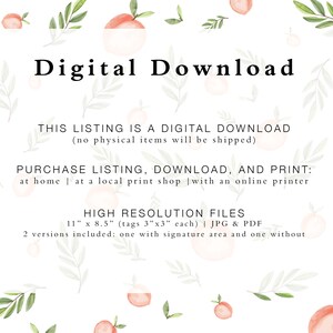 May include: Digital download listing for printable peach-themed tags. The listing includes two versions: one with a signature area and one without. The tags are 3 inches by 3 inches and the printable file is 11 inches by 8.5 inches.