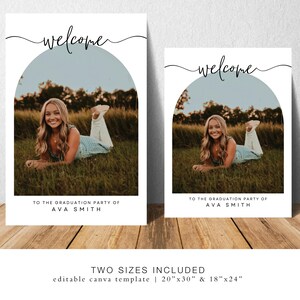 May include: Two graduation party welcome signs with a blue and white arch design. The signs feature a photo of a young woman in a field and the text "Welcome to the graduation party of Ava Smith".