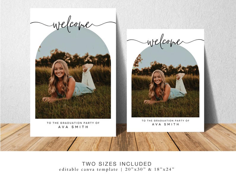 May include: Two graduation party welcome signs with a blue and white arch design. The signs feature a photo of a young woman in a field and the text "Welcome to the graduation party of Ava Smith".