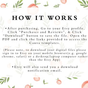 Op de afbeelding: Witte achtergrond met een aquarelpatroon van perziken en groene bladeren. De tekst "HOW IT WORKS" wordt weergegeven in een vet, zwart lettertype. Instructies over het downloaden van digitale bestanden van Etsy zijn ook opgenomen.