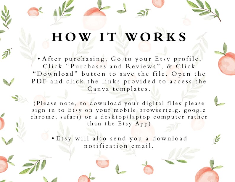 Op de afbeelding: Witte achtergrond met een aquarelpatroon van perziken en groene bladeren. De tekst "HOW IT WORKS" wordt weergegeven in een vet, zwart lettertype. Instructies over het downloaden van digitale bestanden van Etsy zijn ook opgenomen.