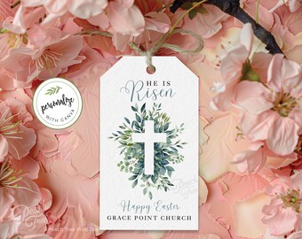 Editable Easter Gift Tag, He is Risen Easter Treat Tag, Personalized Easter Basket Tag, Religious Easter Tag, Printable Easter Tags, Canva