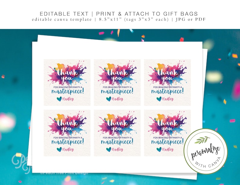 Pu&ograve; includere: Etichette di ringraziamento stampabili con un design ad acquerello in tonalit&agrave; di rosa, blu, giallo e verde. Il testo recita "Grazie per aver reso la mia festa un capolavoro!" con il nome "Hadley" in basso. Le etichette misurano 3 pollici per 3 pollici e sono progettate per essere stampate su carta da 8,5 pollici per 11 pollici.