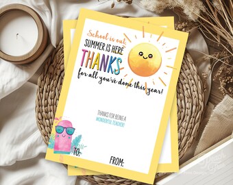 Printable End Of Year Teacher Gift Card Holder, School's Out Summer Sun Gift Tag, Appreciation Gift, Instant Download