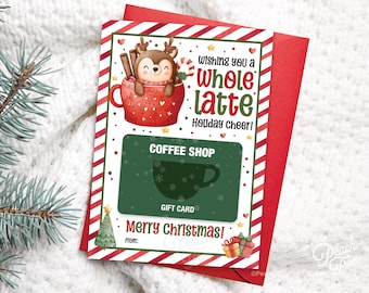 May include: A red and white striped Christmas card with a cartoon reindeer holding a cup of coffee. The card includes a gift card for a coffee shop and the text "Wishing you a whole latte Holiday cheer!" and "Merry Christmas!"
