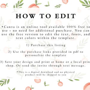 Puede incluir: Un fondo blanco con ilustraciones de melocotones y hojas verdes. El texto "HOW TO EDIT" est&aacute; en negro. El texto de abajo explica c&oacute;mo editar una plantilla digital usando Canva. El texto incluye instrucciones para comprar la lista, usar los enlaces de compra proporcionados en el PDF para personalizar la plantilla, y guardar el dise&ntilde;o e imprimirlo en casa o en una imprenta local. El texto tambi&eacute;n incluye una nota que indica que esta es una descarga digital y que no se enviar&aacute; ning&uacute;n producto f&iacute;sico.