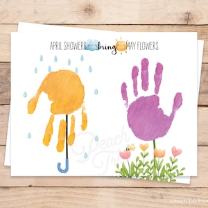 April Showers Bring May Flowers, April Showers Handprint Template, Spring Handprint Craft, Spring Handprint Printable, Preschool Activity
