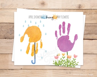 April Showers Bring May Flowers, April Showers Handprint Template, Spring Handprint Craft, Spring Handprint Printable, Preschool Activity