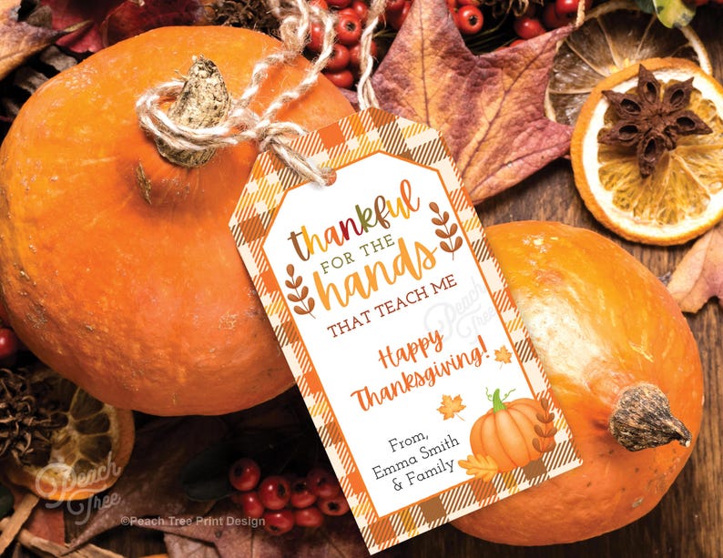 Op de afbeelding: Twee oranje pompoenen met een Thanksgiving-cadeaulabel. Het label luidt "dankbaar voor de handen die me leren Vrolijk Thanksgiving!" met een pompoenillustratie en herfstbladeren. Gedroogde sinaasappelschijfjes en bessen zijn ook zichtbaar.