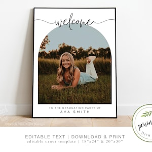 May include: A white printable sign with a black border and the text "welcome" in a cursive font. The sign has a photo of a person in a blue and white dress lying in a field of grass. The text "To the graduation party of Ava Smith" is below the photo. The sign is 46 cm by 61 cm or 51 cm by 76 cm.