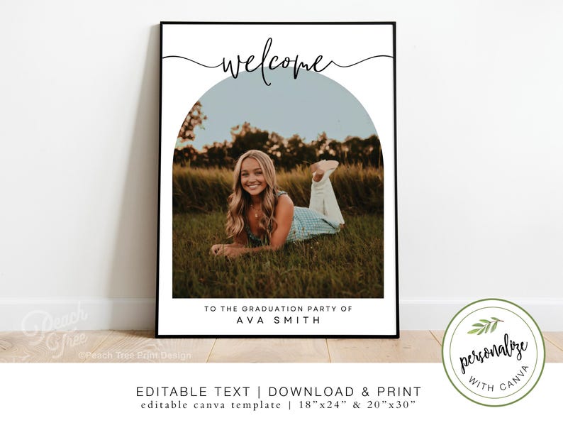 May include: A white printable sign with a black border and the text "welcome" in a cursive font. The sign has a photo of a person in a blue and white dress lying in a field of grass. The text "To the graduation party of Ava Smith" is below the photo. The sign is 46 cm by 61 cm or 51 cm by 76 cm.