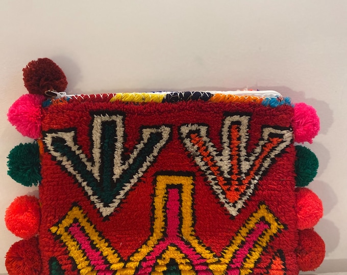 Handmade Moroccan Berber Clutch Bag - Vibrant Red Wool Carpet Purse with Colorful Pom Poms