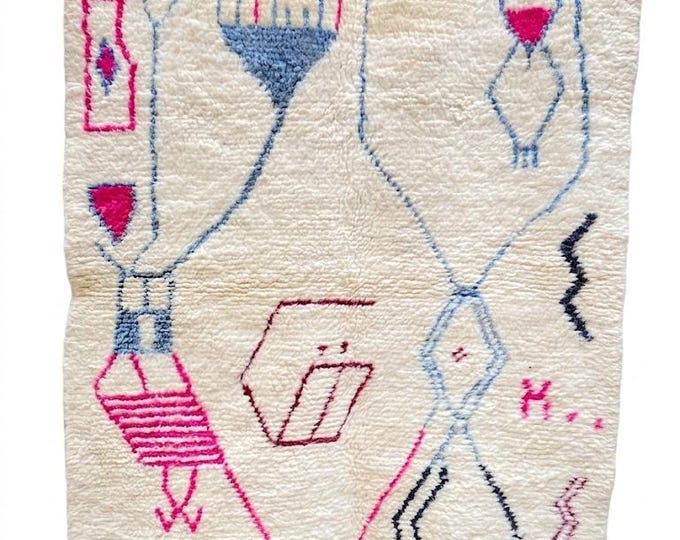 Handmade Moroccan Beni Ourain Rug | Abstract Berber Wool Carpet | White Pink Blue