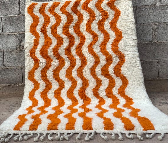 Moroccan Berber Rug Orange Chevron - Handwoven Wool Carpet 4x6 Boho Living Room Decor Gift