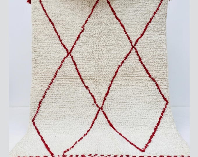Handmade Beni Ourain Rug | Ivory Red Diamond Wool Berber Carpet (150 x 100 cm)