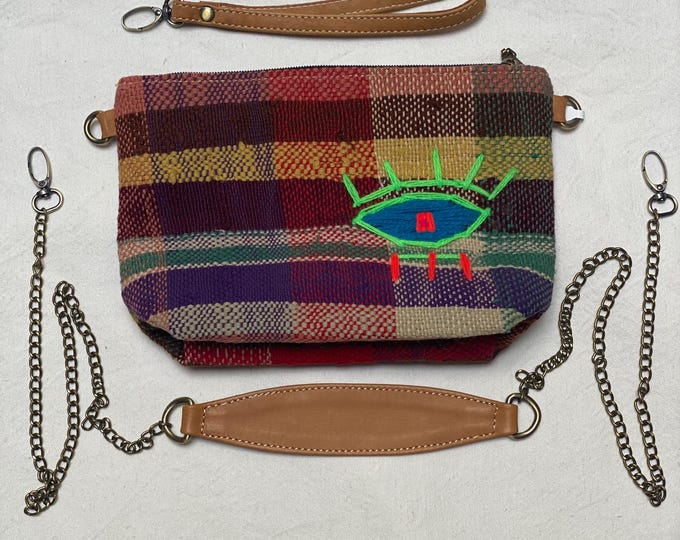 Crossbody Bag, Handwoven Striped Canvas, Evil Eye , Small Travel Purse, Women Men Copper Chain