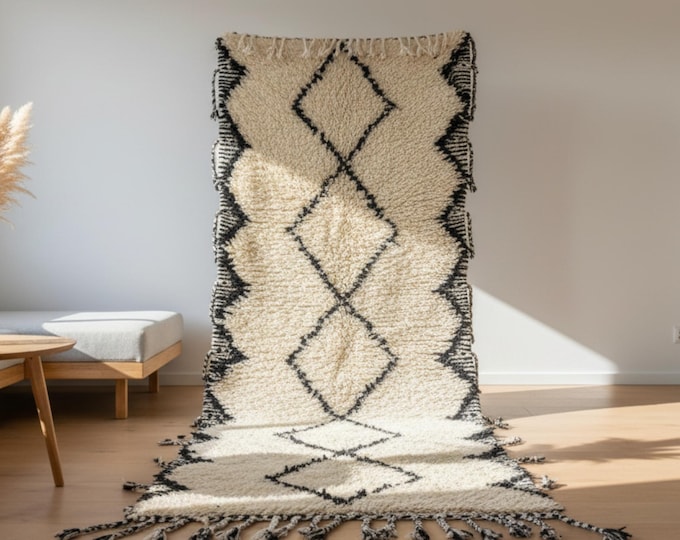 Authentic Beni Ourain Rug | Hand-Knotted Natural Wool Berber Carpet, Black White Diamonds