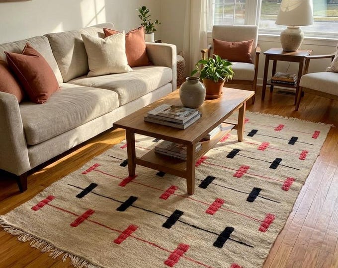 Handwoven Wool Flat weave Berber Rug -kilim - minimalist dark blue and pink (130x80cm)