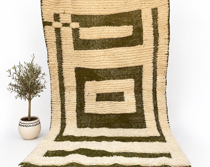 Handmade Moroccan Rug | Olive Green Ivory Geometric Berber Carpet, Dual Technique Wool