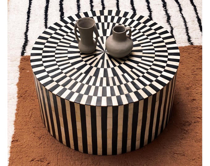 Handmade Bone Inlay Coffee Table | Round Moroccan Optical Art Boho Living Room