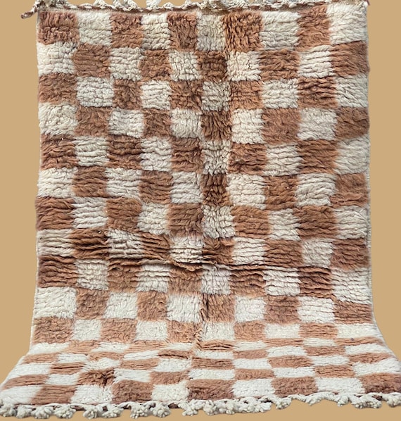 Handwoven Moroccan Checkerboard Rug | Boho Wool Carpet with Tassels | Cream Brown Berber Style Gift | Handmade Home Decor