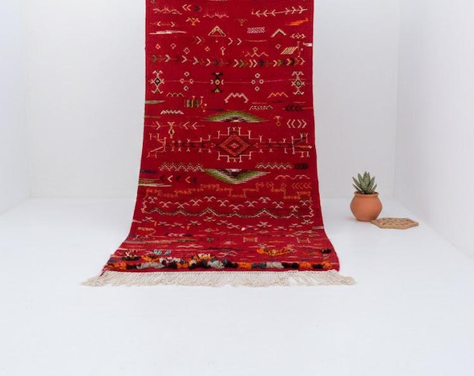 Handmade Moroccan Berber Rug Authentic Red Wool Runner 181x65cm Sirwa Tribal Symbols Bohemian Decor
