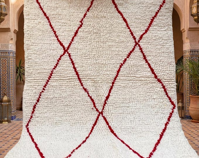 White and Red Beni Ourain Rug, Handmade Moroccan Wool Carpet, 5x3 Area Rug