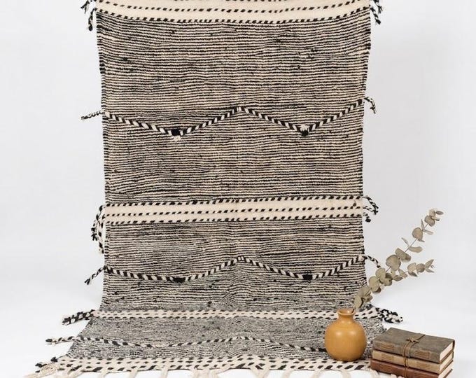 Handmade Moroccan Wool Rug 3×5 ft | Black White Berber Kilim Flatweave Boho Tribal