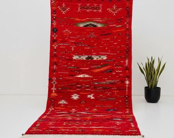Handmade Moroccan Berber Rug Red Wool Runner 180x65cm Sirwa Authentic Tirera Pattern Bohemian Decor