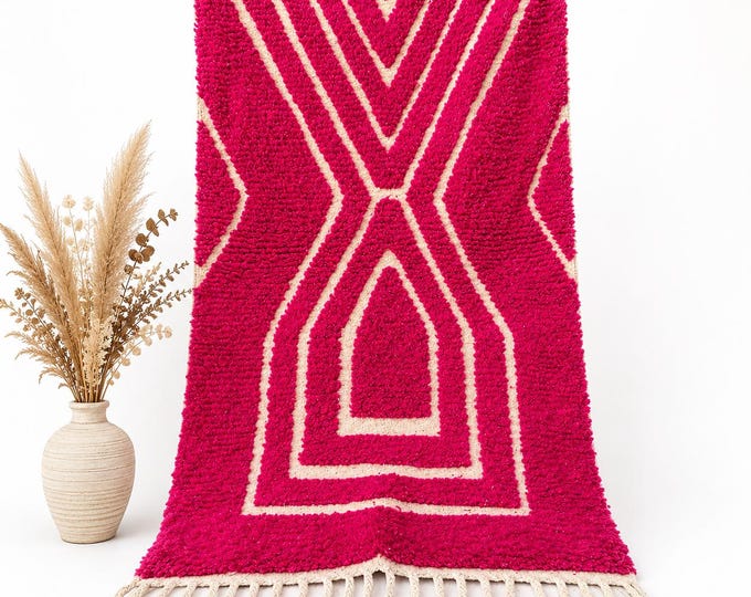 Handmade Fuchsia Pink Moroccan Wool Rug Beni Ourain Geometric Carpet Area Rug