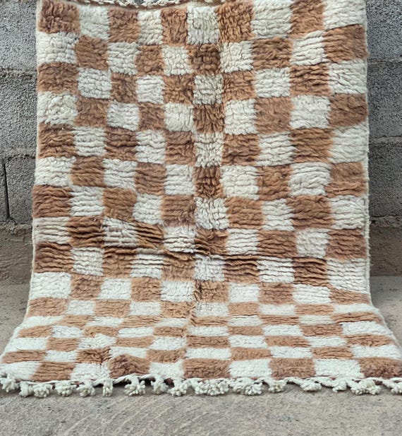 Handwoven Moroccan Checkerboard Rug | Boho Wool Carpet with Tassels | Cream Brown Berber Style Gift | Handmade Home Decor