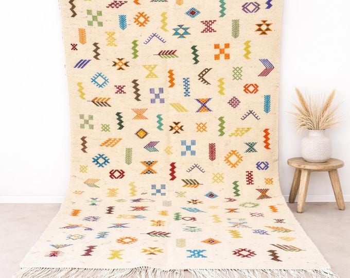 Handmade Moroccan Berber Kilim Rug — Colorf amazigh Symbols, 100% Natural Sheep Wool