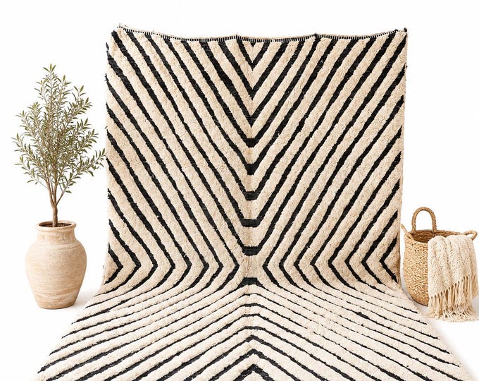 Made to Order Moroccan Beni Ourain Rug Black Ivory Chevron Custom Size Handmade