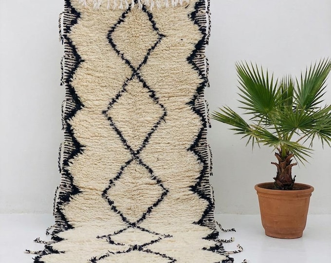 Handmade Beni Ourain Runner Rug Authentic Moroccan Berber Wool Hallway Carpet Black White Diamond