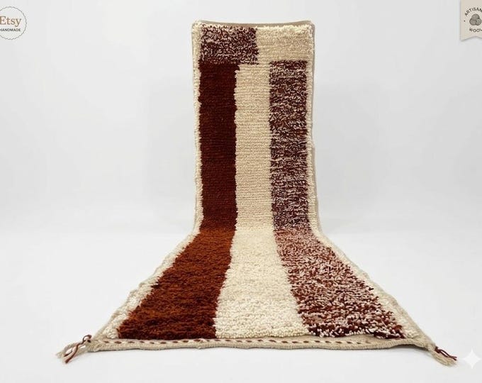 Moroccan Wool Runner Rug Handmade Terracotta Cream Striped Boho Hallway Carpet
