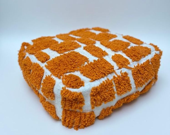 Handmade Orange Moroccan Pouf Ottoman White Floor Cushion Boho Footstool Seating Pouffe Home Decor