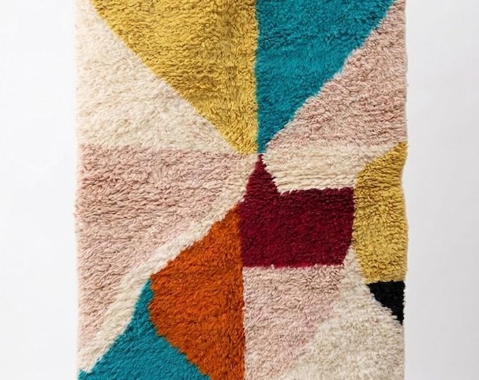 Beni Ourain Moroccan Rug Colorful Abstract Handmade Wool Boho Geometric Living Room