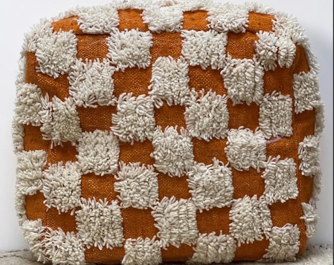 Orange & Cream Checkered Pouf - Handcrafted Floor Cushion