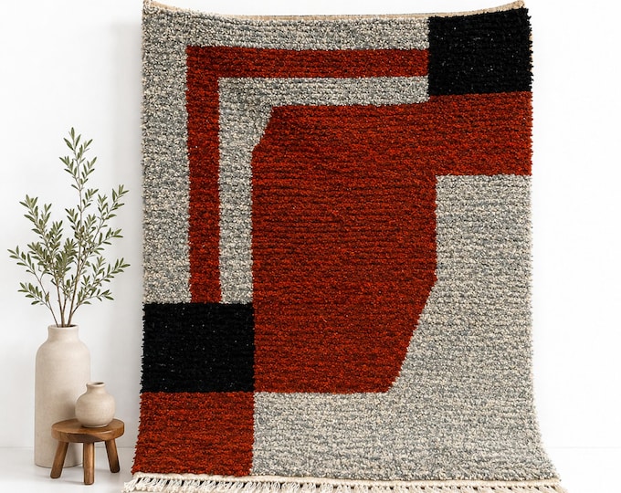 Moroccan Beni Ourain Rug Rust Orange Grey Abstract Geometric Handmade Wool Berber Carpet