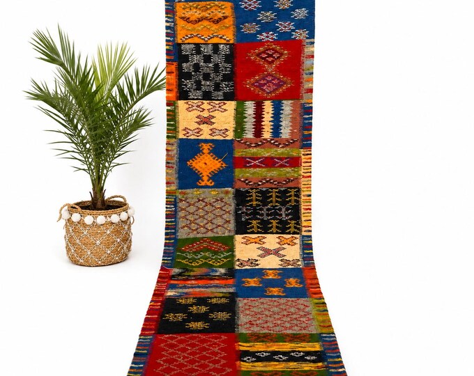 Handwoven Moroccan Kilim Runner | Multicolor Patchwork Wool Hallway Rug (67x215cm)