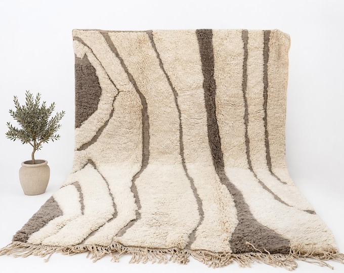 Beni Ourain Rug | Plush Natural Wool Berber Carpet, Ivory Grey Stripes