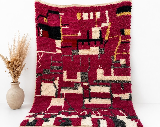 Moroccan Beni Ourain Rug 7x5 Fuchsia Pink Abstract Handmade Wool Shaggy Berber Carpet