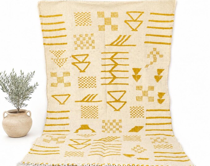 Moroccan Kilim Rug Handwoven Ivory Gold Berber Symbols Flatweave Sheep Wool Boho Decor