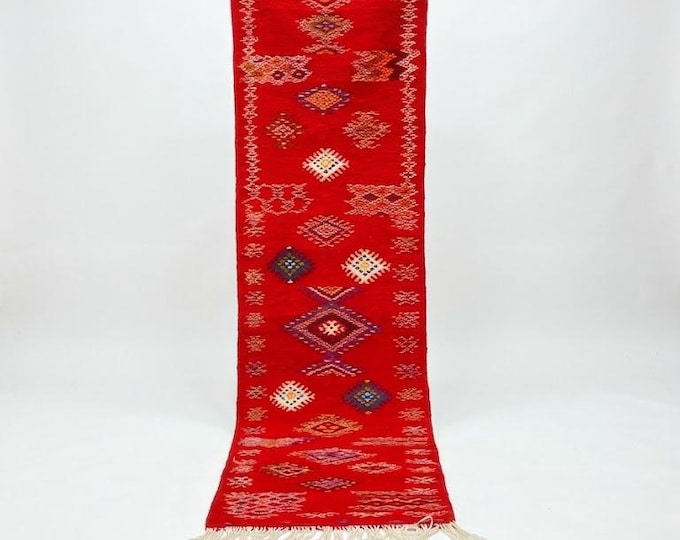 Red Moroccan Taznakht Runner Rug | Handwoven Kharita Berber Wool Kilim | Boho Hallway